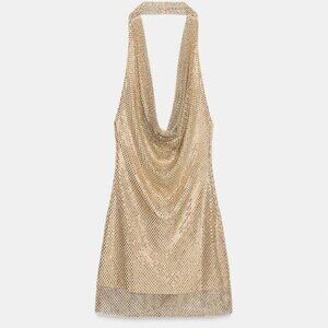 ZARA SHORT SPARKLY BACKLESS HALTER DRESS GOLDEN MEDIUM 4772/272/303 - NEW